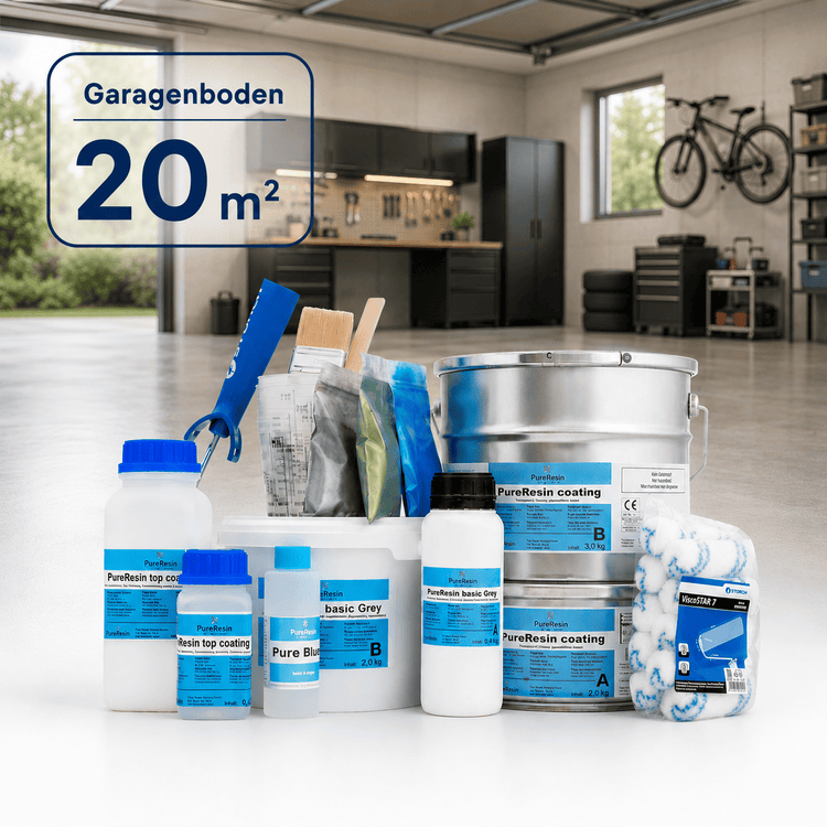 Komplettset für eine 20 m² Garage mit Epoxidharz, Pigmenten, Werkzeug und Zubehör. Im Hintergrund ist eine moderne Garage zu sehen.