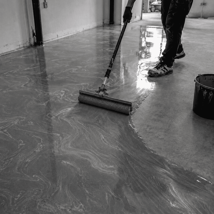 Verarbeitung eines Light Grey Metallic-Epoxidharzbodens mit Entlüftungswalze für gleichmäßige silbergraue Marmorierung und glänzende Oberfläche.