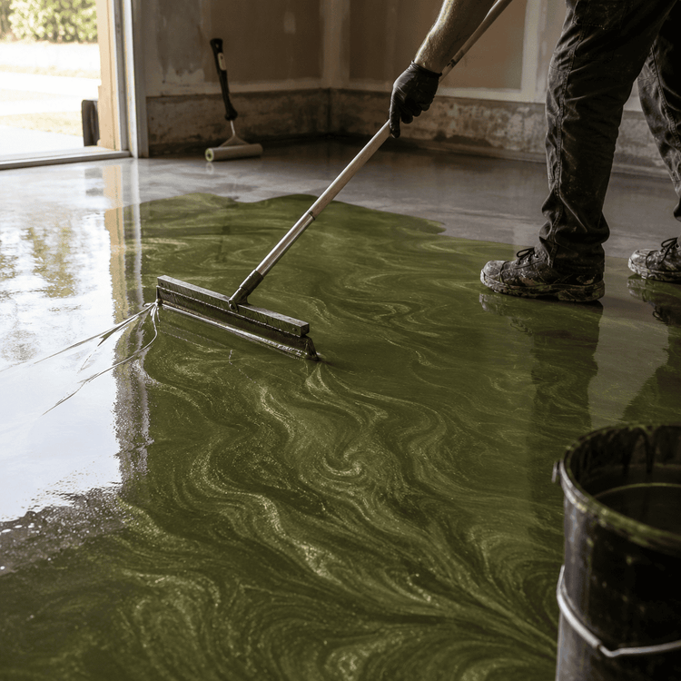 Ein Mann streicht einen Boden in olivegrüner Farbe mit einem Farbroller