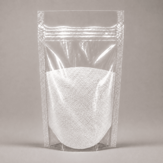 Satinweißes Pulver in durchsichtiger Plastik Verpackung