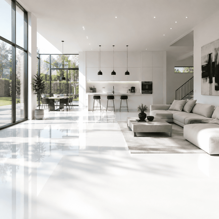 Ein modern eingerichtetes Loft mit weißen Polyurethanboden
