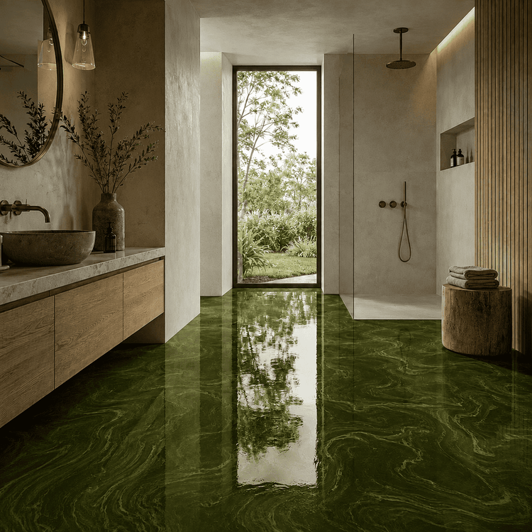 Modernes Badezimmer mit glänzendem smaragdgrünem Metallic-Epoxidharzboden, natürlichen Holzelementen und großer Glasdusche.