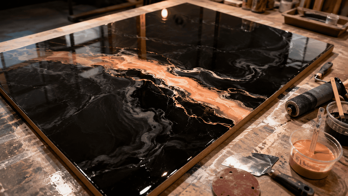Schwarze PU-Designboden-Musterplatte in Marmoroptik mit Obsidian und Peach-Ader sowie Werkzeugen zur Verarbeitung.