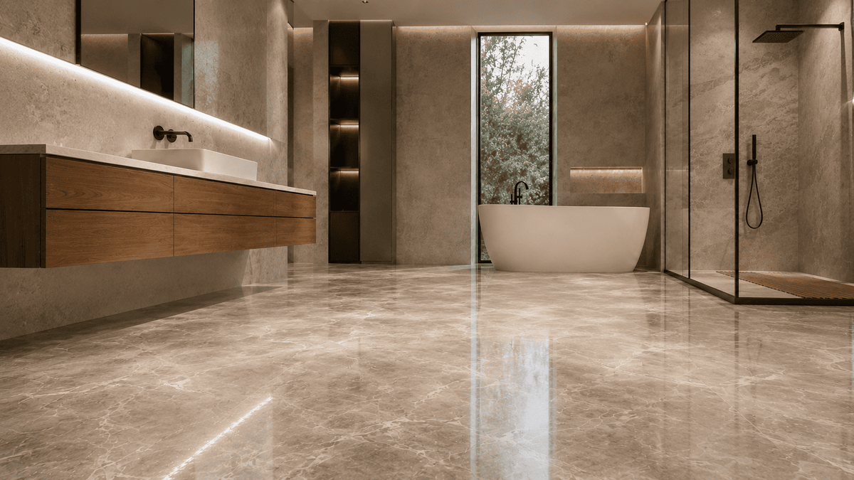 Modernes Badezimmer mit glänzendem, marmoriertem Epoxidharzboden, freistehender Badewanne und Glasdusche