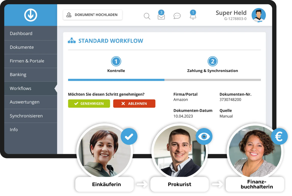 GetMyInvoices Workflow für digitale Rechnungsfreigabe mit Kontrolle, Genehmigung und automatischer Synchronisation.