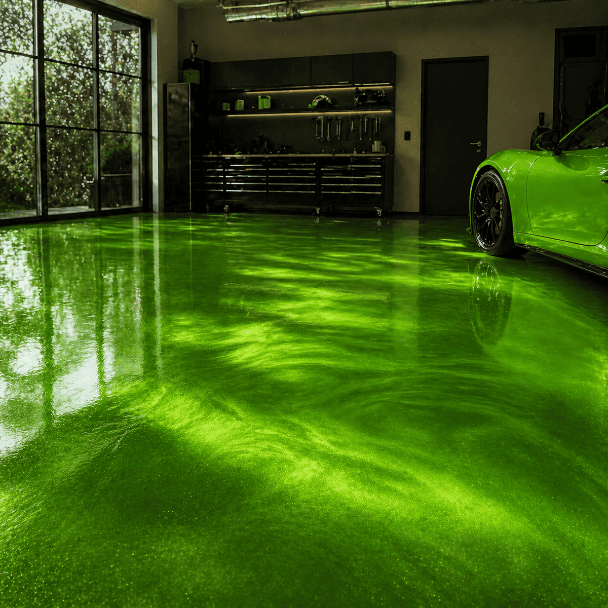 Apple Green UV Metallic-Epoxidharz-Boden mit leuchtender Apfelgrün-Optik, dynamischer Marmorstruktur, intensivem Perleffekt, hochglänzender Oberfläche und beeindruckender Spiegelreflexion – ideal für moderne Garagen, Showrooms und exklusive Fahrzeugbereiche.