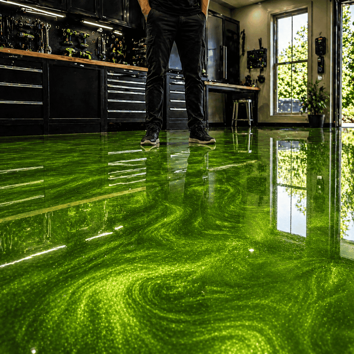 Apple Green UV Metallic-Epoxidharz-Boden mit leuchtender Apfelgrün-Optik, dynamischer Marmorstruktur, brillantem Perleffekt, hochglänzender Oberfläche und beeindruckender Spiegelreflexion – robust präsentiert im modernen Werkstattbereich.