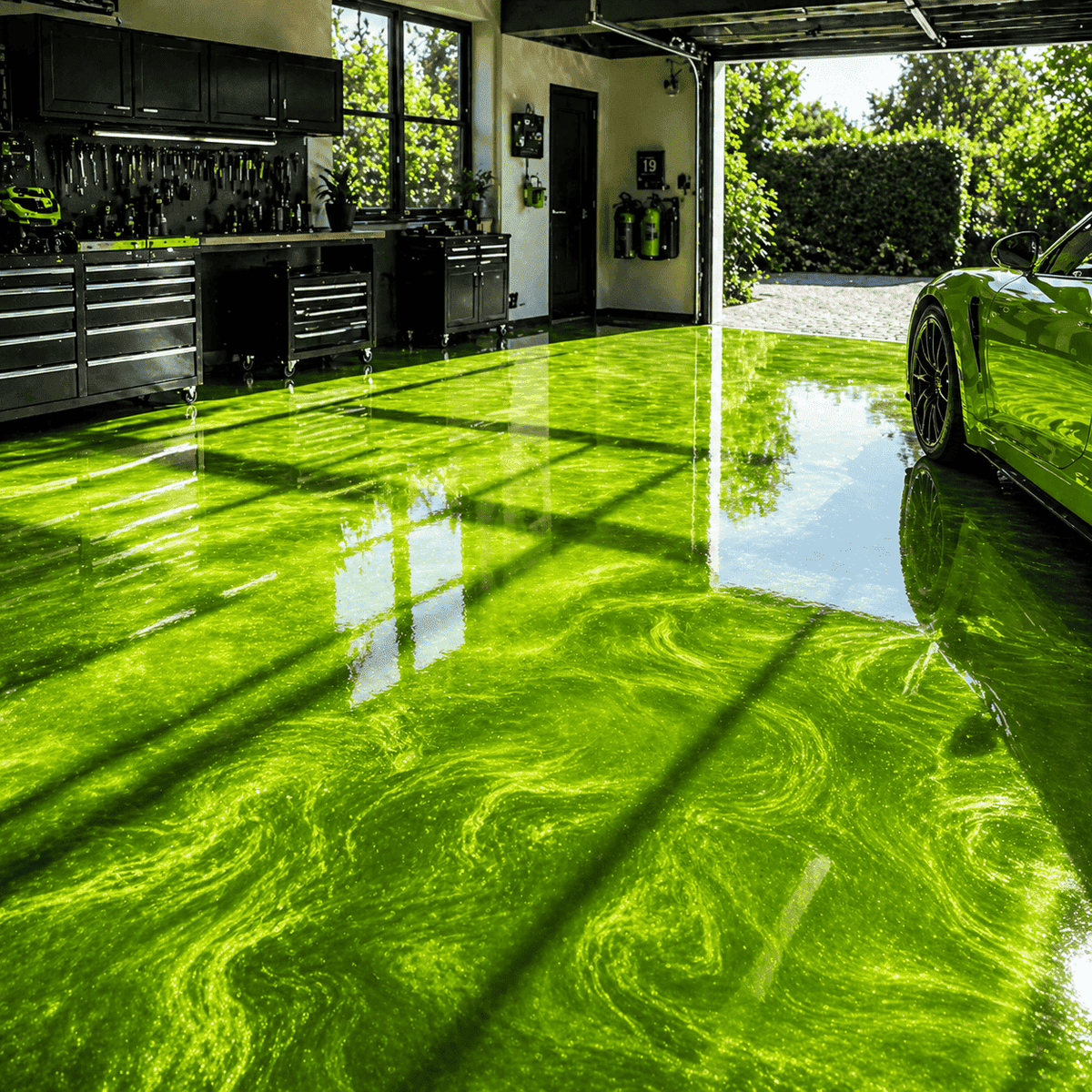 Apple Green UV Metallic-Epoxidharz-Boden mit leuchtender Apfelgrün-Optik, dynamischer Marmorstruktur, intensivem Perleffekt, hochglänzender Oberfläche und starker Spiegelreflexion – ideal für moderne Garagen und exklusive Fahrzeugbereiche.