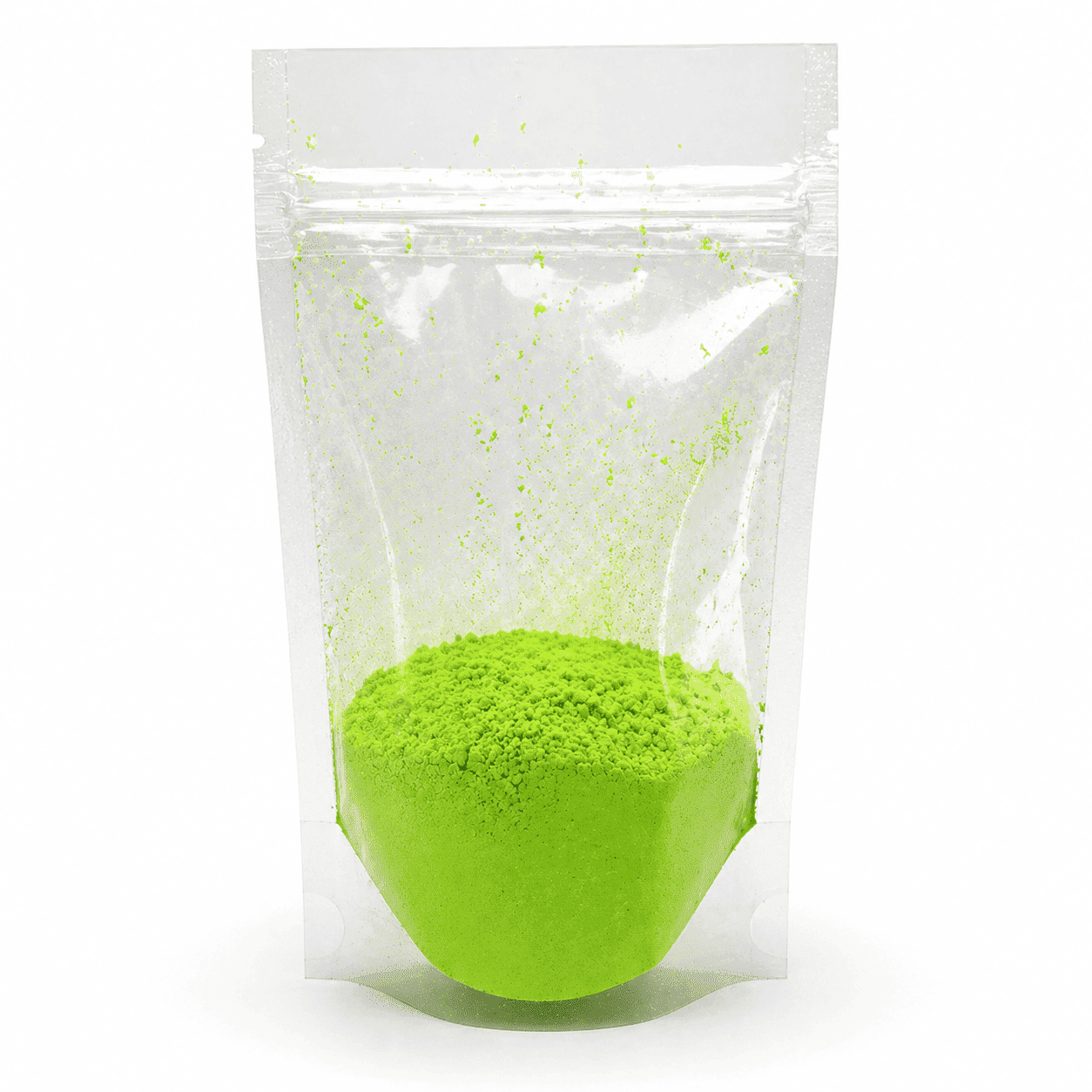 Apfelgrünes Pulver in einer Plastik Verpackung