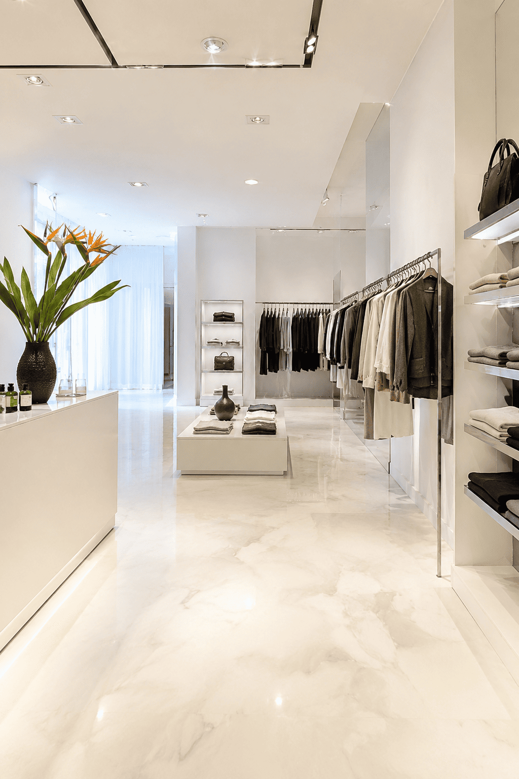 Hochwertige Modeboutique mit fugenlosem PU-Harzboden in heller Marmoroptik und minimalistischer Einrichtung.