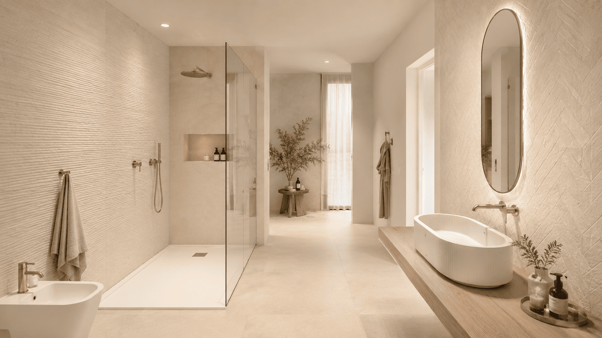 Helles Spa-Badezimmer mit fugenlosem Designboden in Beige und Sandoptik, Walk-in-Dusche und warmem, minimalistischem Interior