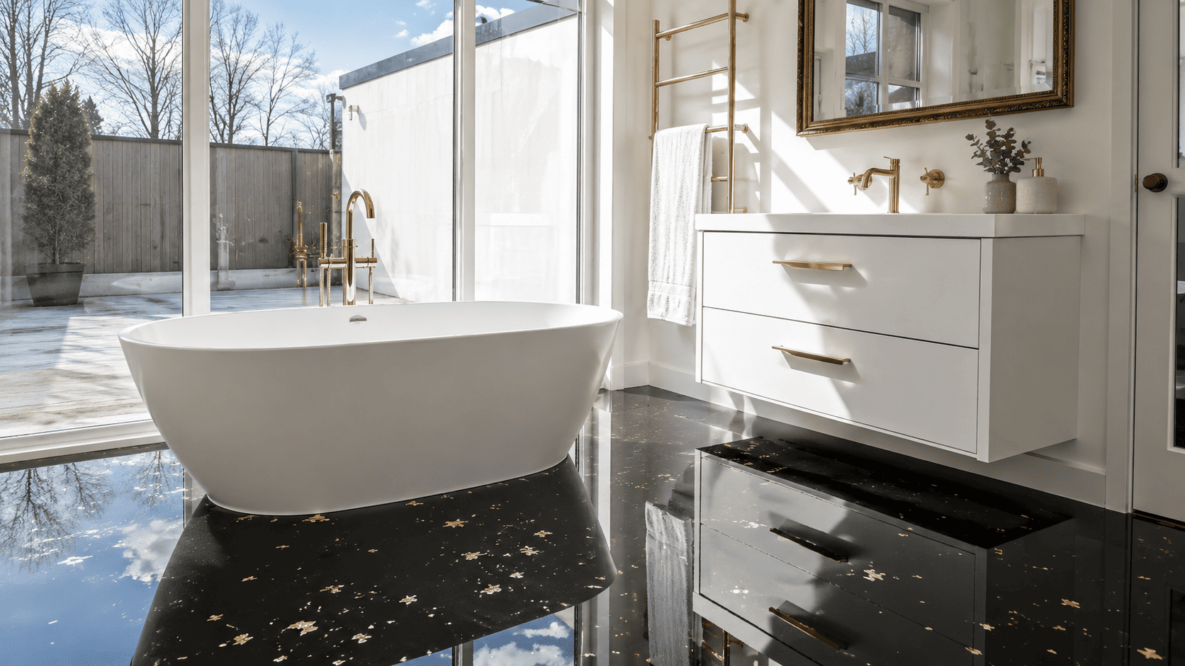 Luxuriöses Badezimmer mit schwarzem Epoxidharz-Designboden und goldenen Flakes, freistehender Badewanne und goldenen Armaturen