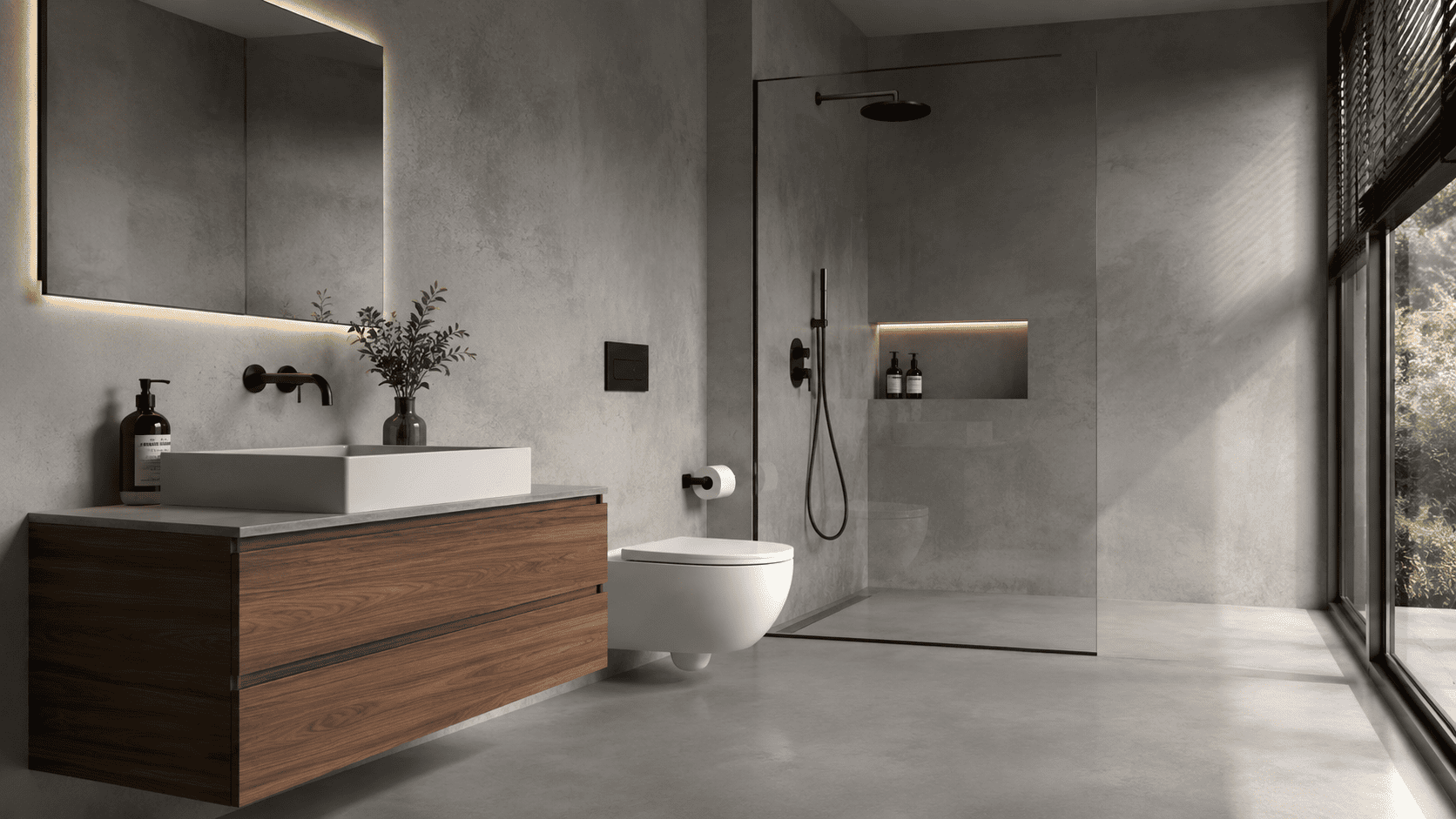 Badezimmer mit grauen Boden- und Wandfliesen, bodengleicher Dusche und Holzwaschtisch vor der Gestaltung mit fugenlosem Designboden