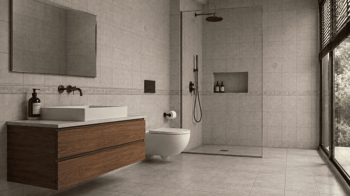 Badezimmer mit grauen Boden- und Wandfliesen, bodengleicher Dusche und Holzwaschtisch vor der Gestaltung mit fugenlosem Designboden