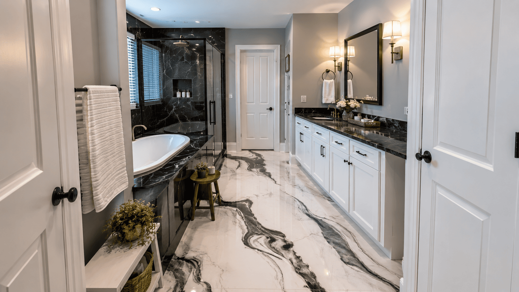 Modernes Badezimmer mit fugenlosem Epoxidharz-Designboden in weiß-schwarzer Marmoroptik und eleganter Walk-in-Dusche