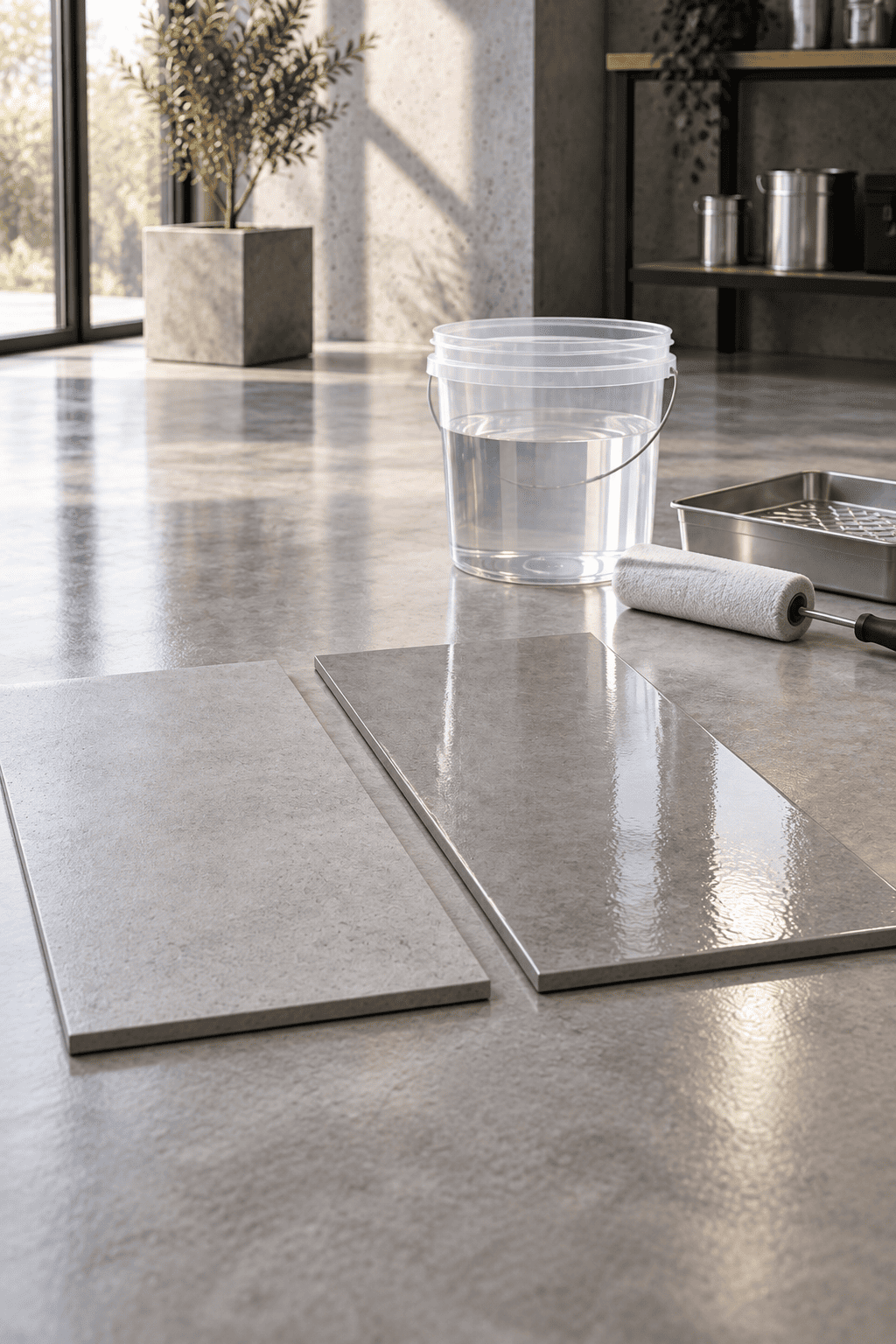 PU-Bodenbeschichtung als matte und glänzende Musterfläche mit transparentem Harz, Eimer und Walze.