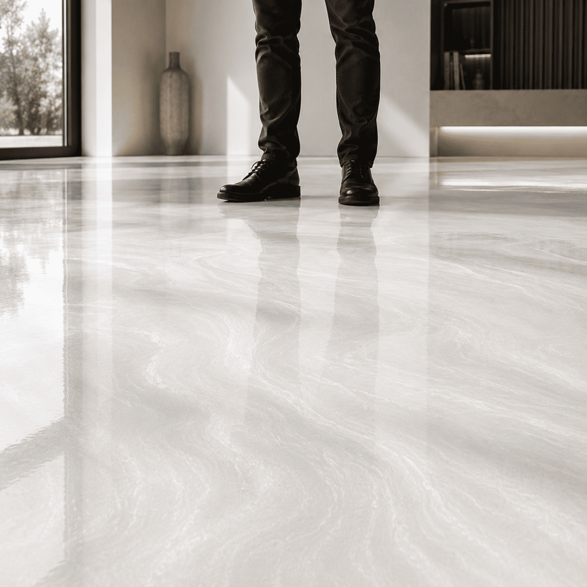 Weißer Metallic-Epoxidharz-Boden mit hochglänzender Perlmutt-Marmorstruktur und Spiegelreflexion im modernen Wohnbereich