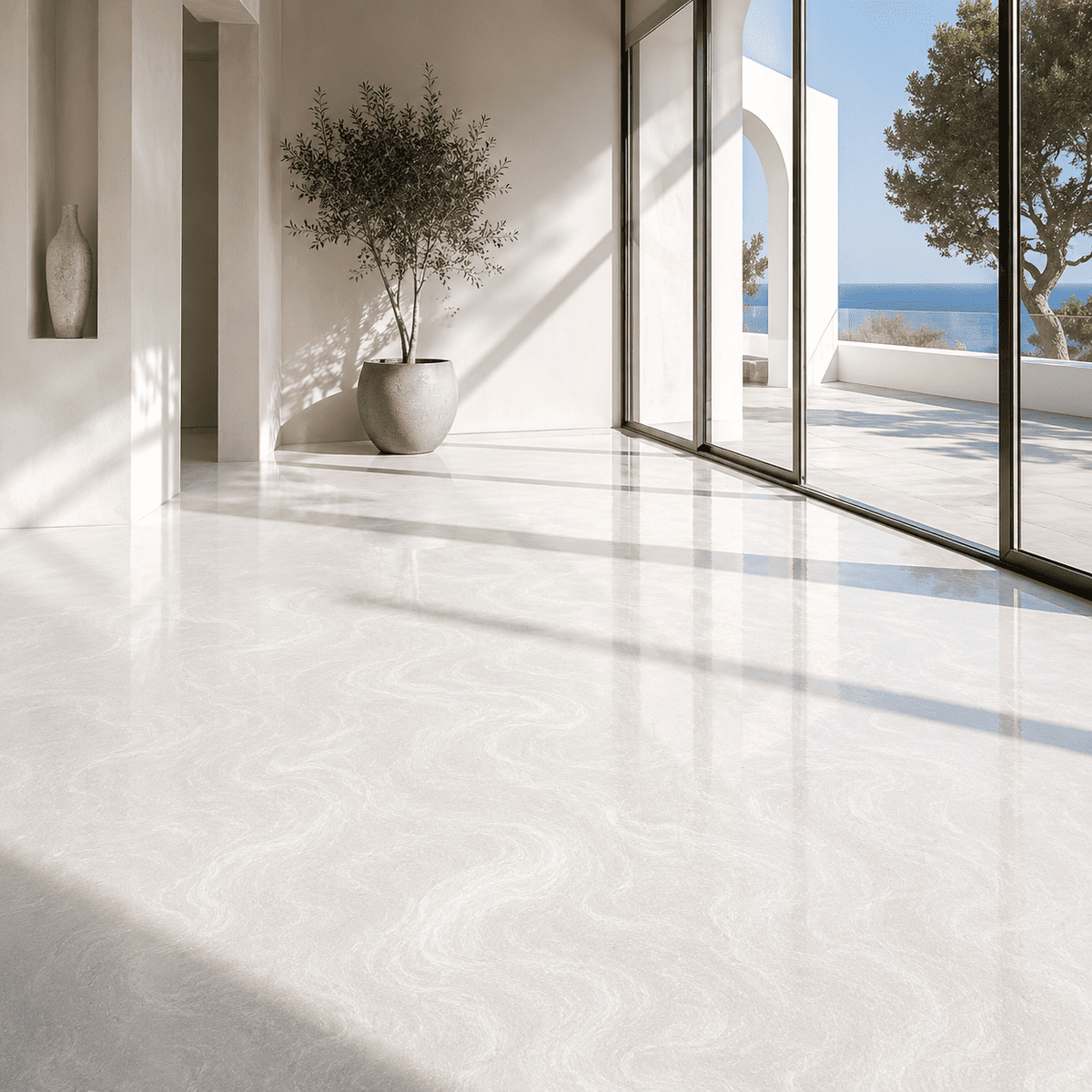 Weißer Metallic-Epoxidharz-Boden mit dezenter Marmorstruktur und hochglänzender Oberfläche in einem lichtdurchfluteten Innenraum