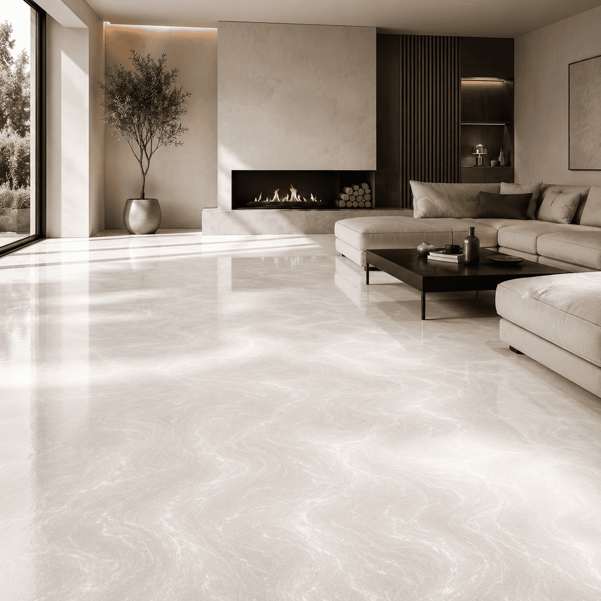 Weißer Metallic-Epoxidharz-Boden mit eleganter Marmorstruktur und hochglänzender Oberfläche im modernen Wohnzimmer