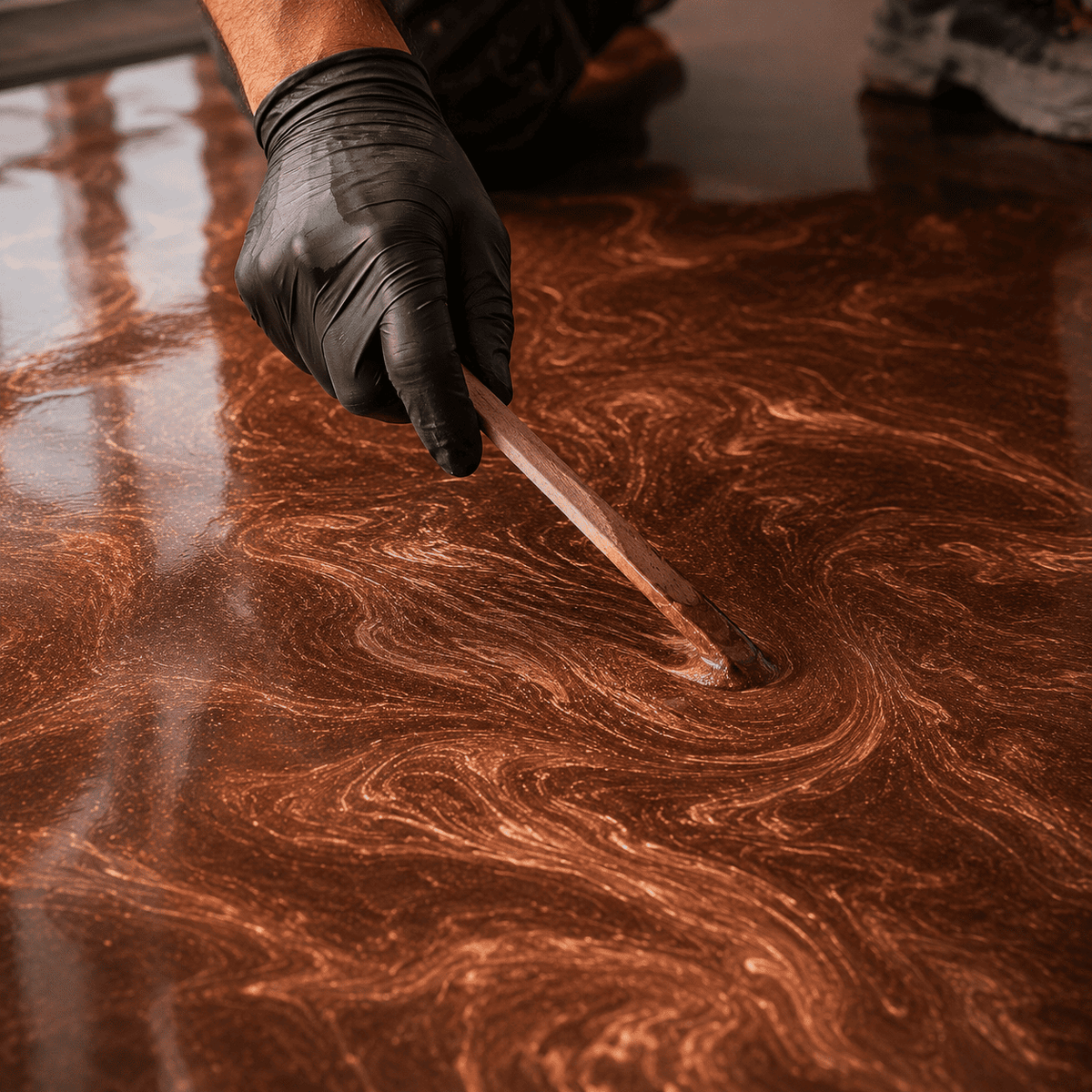 Bronzefarbenes Metallic-Epoxidharz wird mit Holzstab zur Marmorstruktur gestaltet