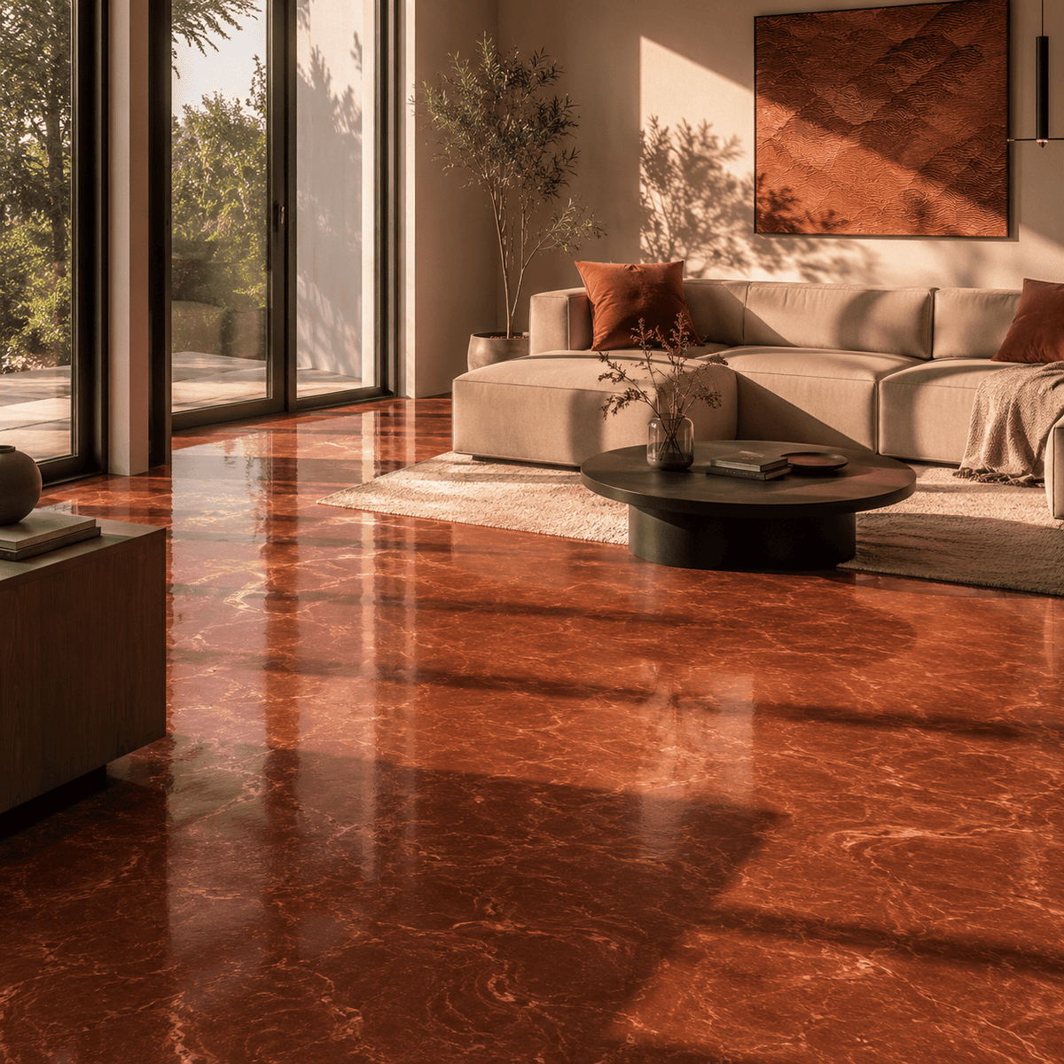 Bronzefarbener Metallic-Epoxidharz-Boden im Wohnbereich mit glänzender Marmorstruktur