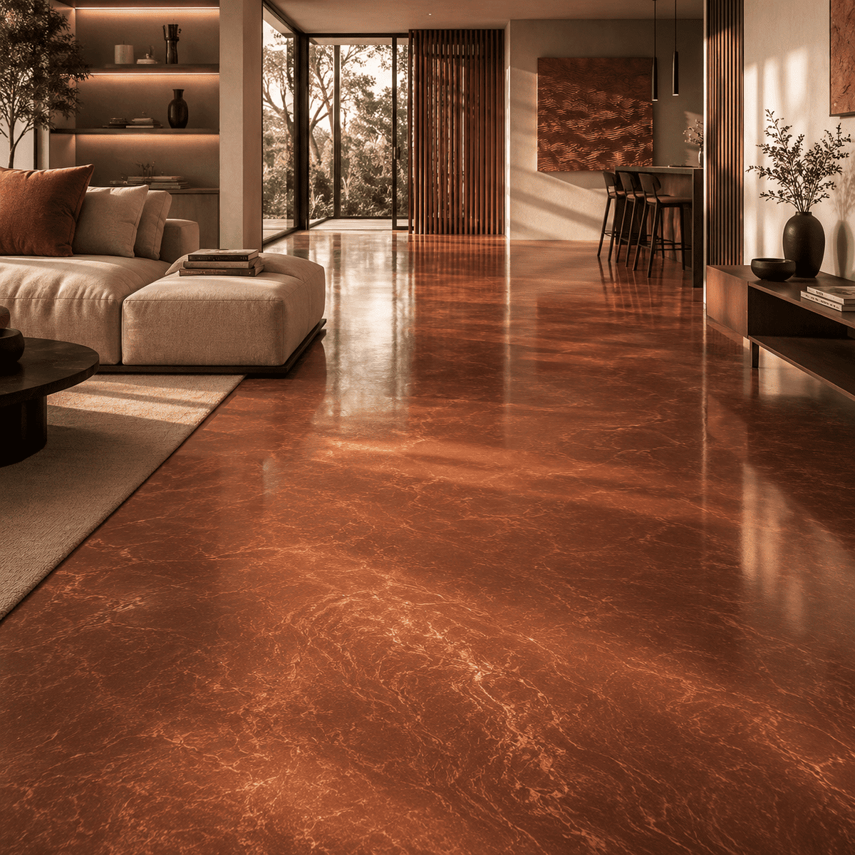 Bronzefarbener Metallic-Epoxidharz-Boden im modernen Wohnbereich mit Marmorstruktur