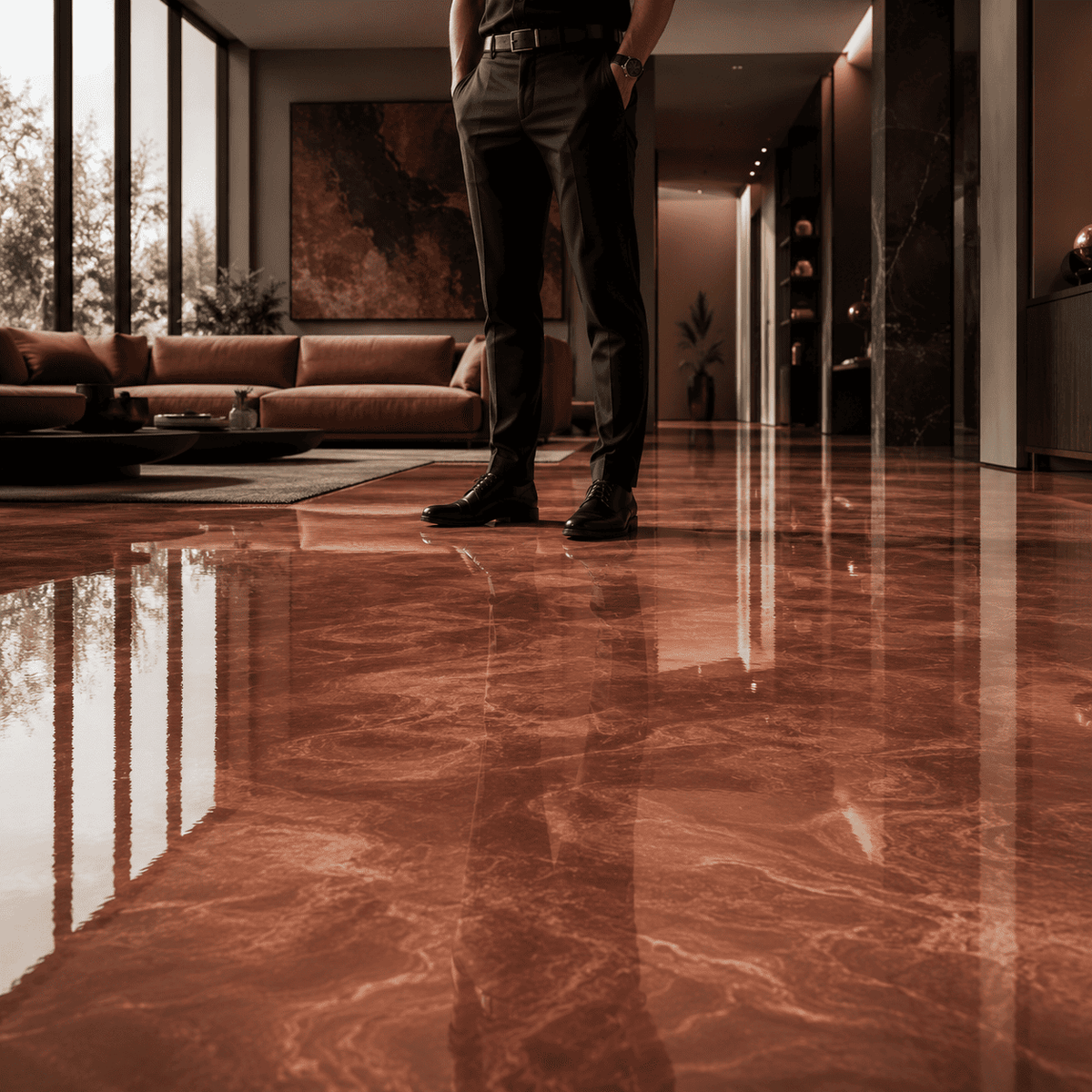Bronzefarbener Metallic-Epoxidharz-Boden mit hochglänzender Marmorstruktur im modernen Wohnbereich