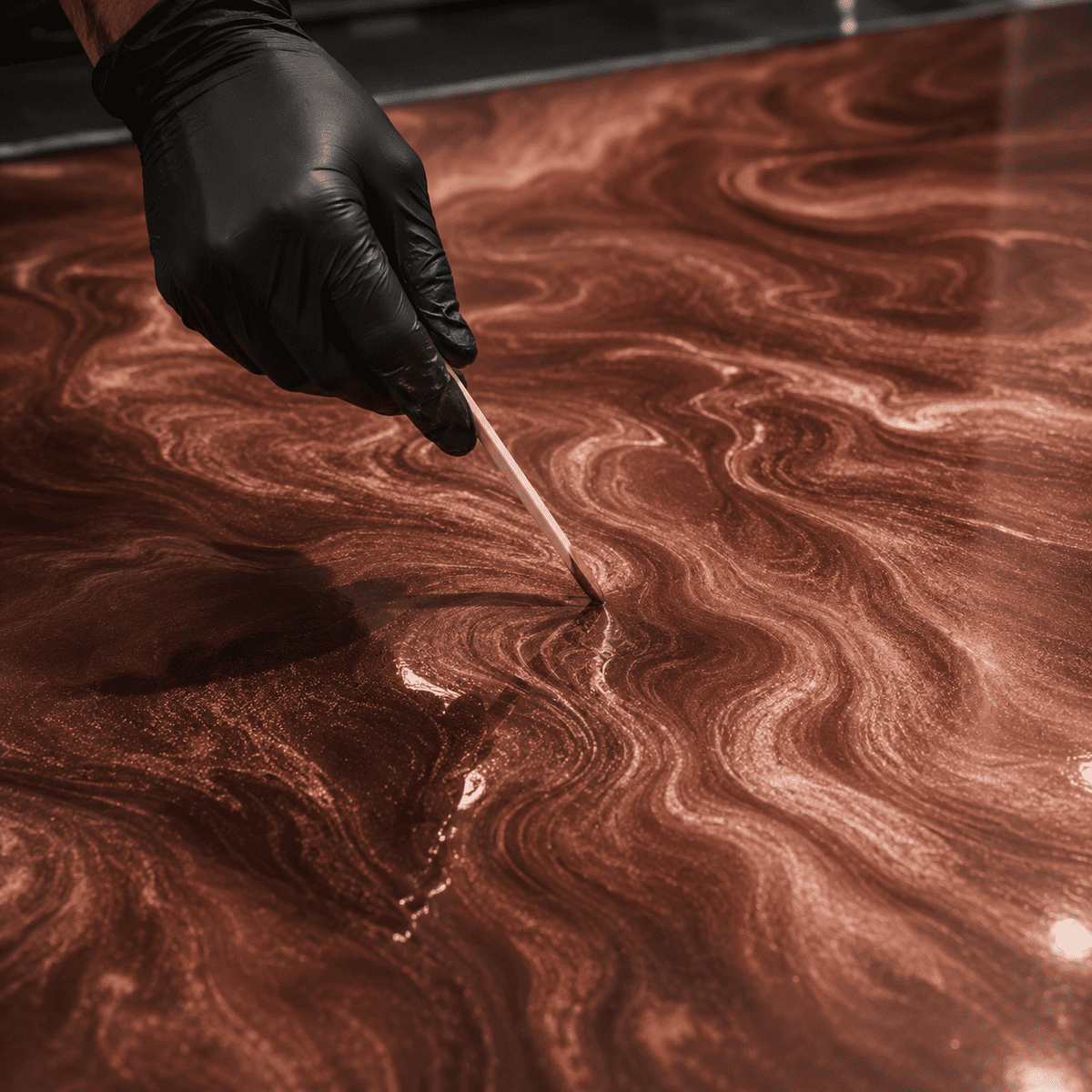Bronzefarbenes Metallic-Epoxidharz wird mit Holzstab zur Marmorstruktur gestaltet
