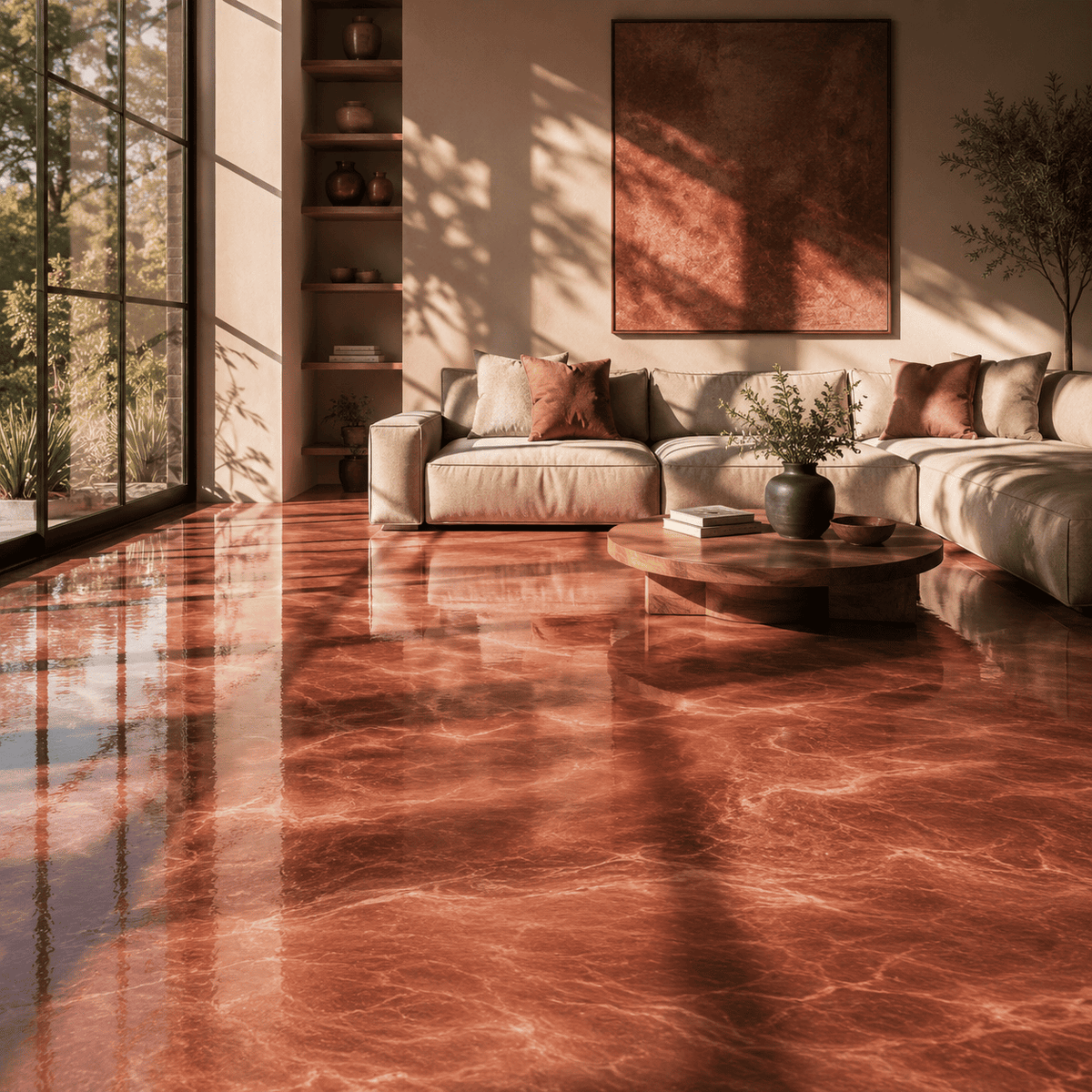 Bronzefarbener Metallic-Epoxidharz-Boden im eleganten Wohnbereich mit glänzender Marmorstruktur
