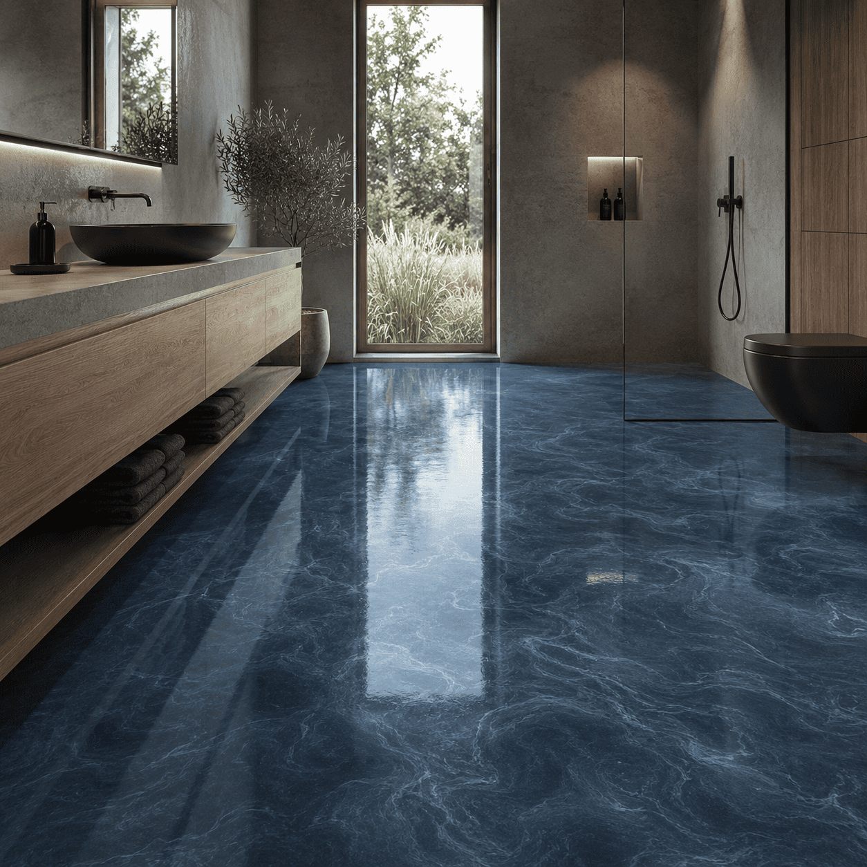 Grau blaues Badezimmer mit Dusche