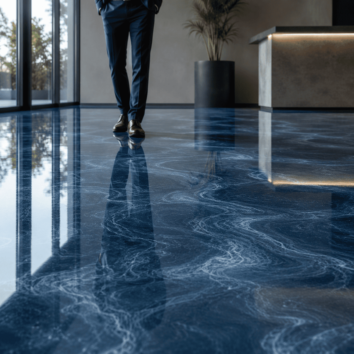 Cambridge-blauer Metallic-Epoxidharz-Boden mit eleganter Marmorstruktur, feinem Perleffekt, hochglänzender Oberfläche und beeindruckender Spiegelreflexion im modernen Innenraum.