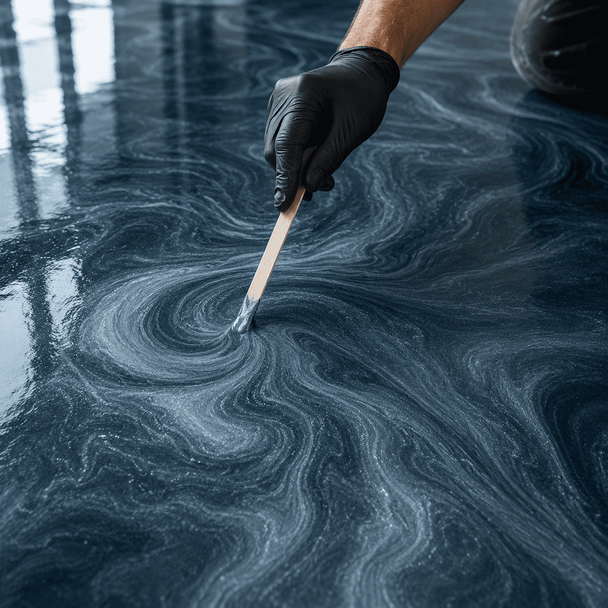 Cambridge-blaues Metallic-Epoxidharz wird mit einem Holzspatel zu einer eleganten Marmorstruktur mit feinem Perleffekt, schimmerndem Metallglanz und faszinierender Tiefenwirkung gestaltet.