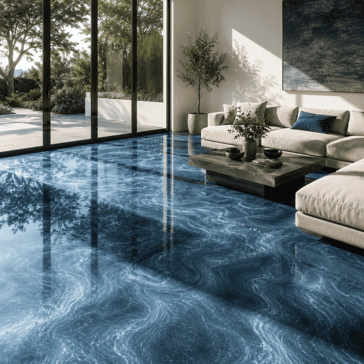 Cambridge-Blauer Metallic-Epoxidharz-Boden mit eleganter Marmorstruktur, feinem Perleffekt, hochglänzender Oberfläche und beeindruckender Spiegelreflexion im modernen Wohnbereich.