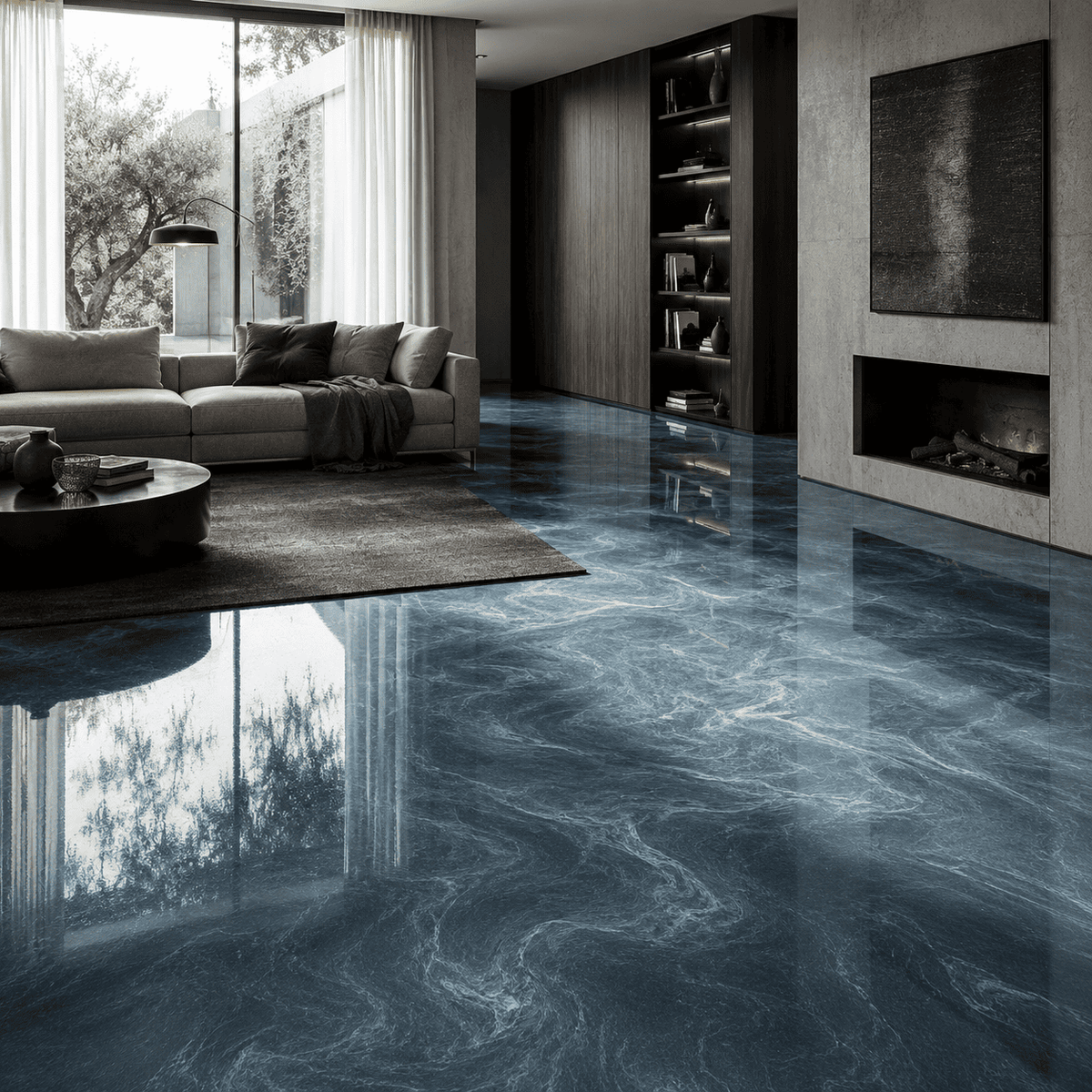 Cambridge-blauer Metallic-Epoxidharz-Boden mit eleganter Marmorstruktur, feinem Perleffekt, hochglänzender Oberfläche und beeindruckender Spiegelreflexion im modernen Wohnbereich.