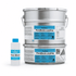 Silber blauer Coating Eimer mit Additiv Flasche auf weißem Hintergrund