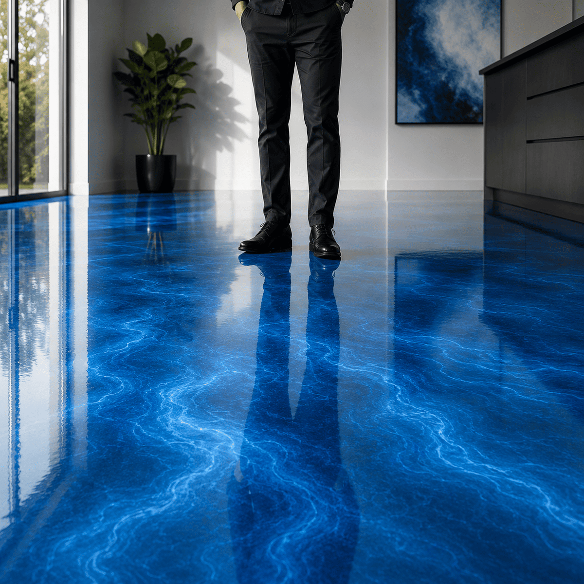 Kobaltblauer Metallic-Epoxidharz-Boden mit hochglänzender Oberfläche, markanter Marmorstruktur und beeindruckender Spiegelreflexion im modernen Wohnbereich.
