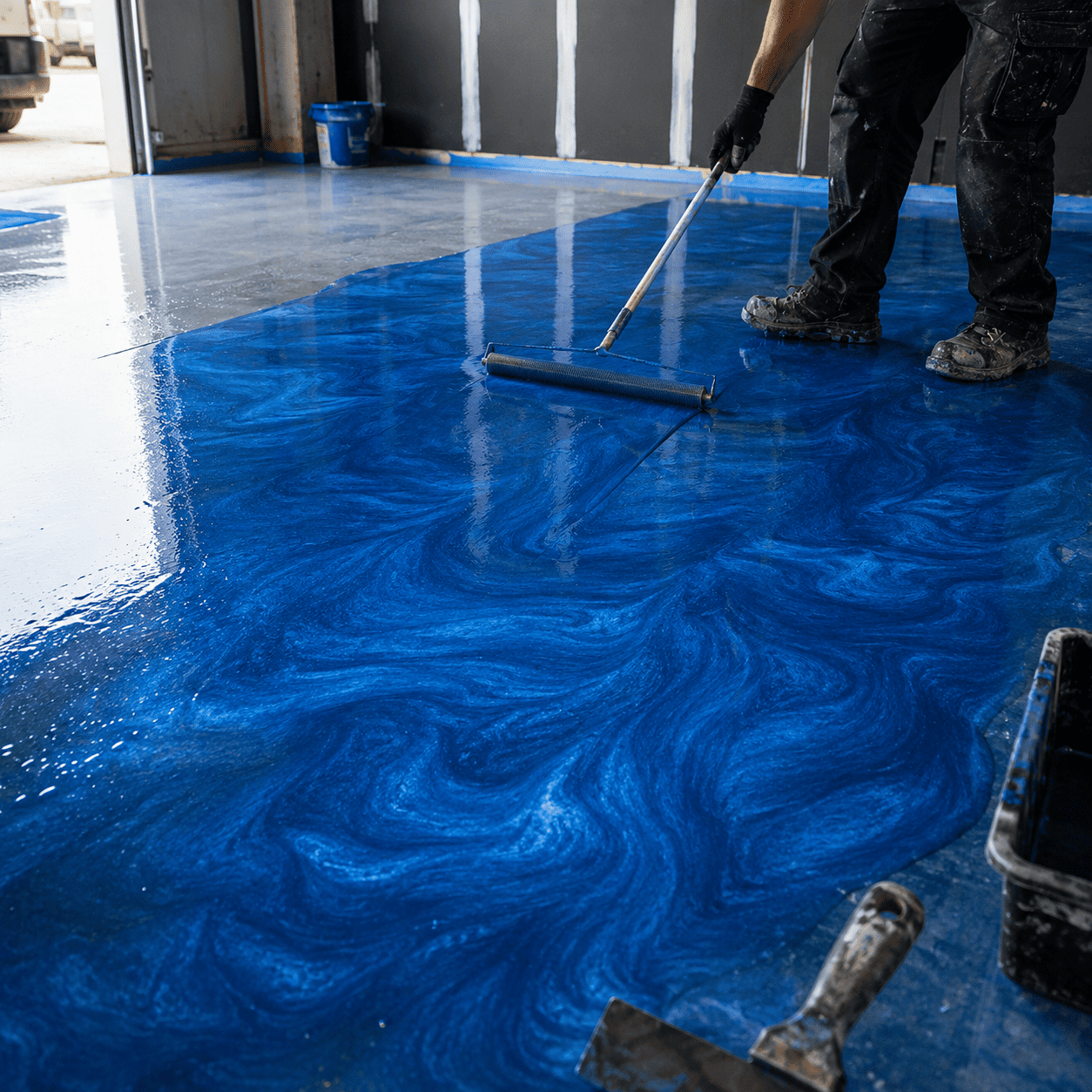 Ein Mann streicht einen Boden in kobaltblauer Farbe mit einem Farbroller