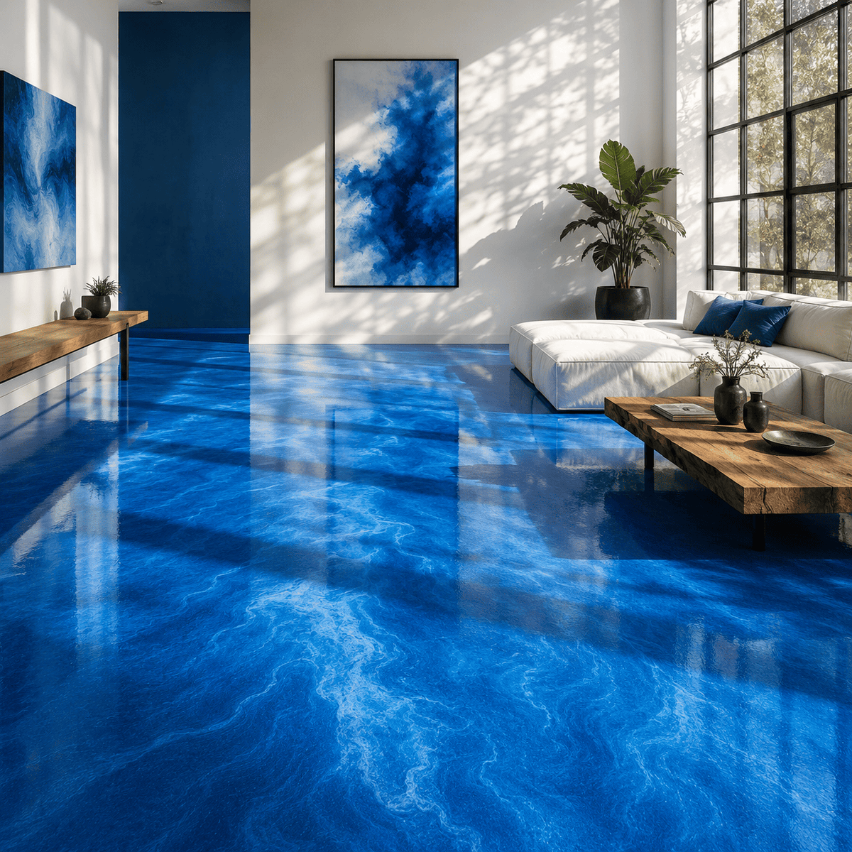 Kobaltblauer Metallic-Epoxidharz-Boden mit lebendiger Marmorstruktur, hochglänzender Oberfläche und intensiver Tiefenwirkung im modernen Wohnzimmer.