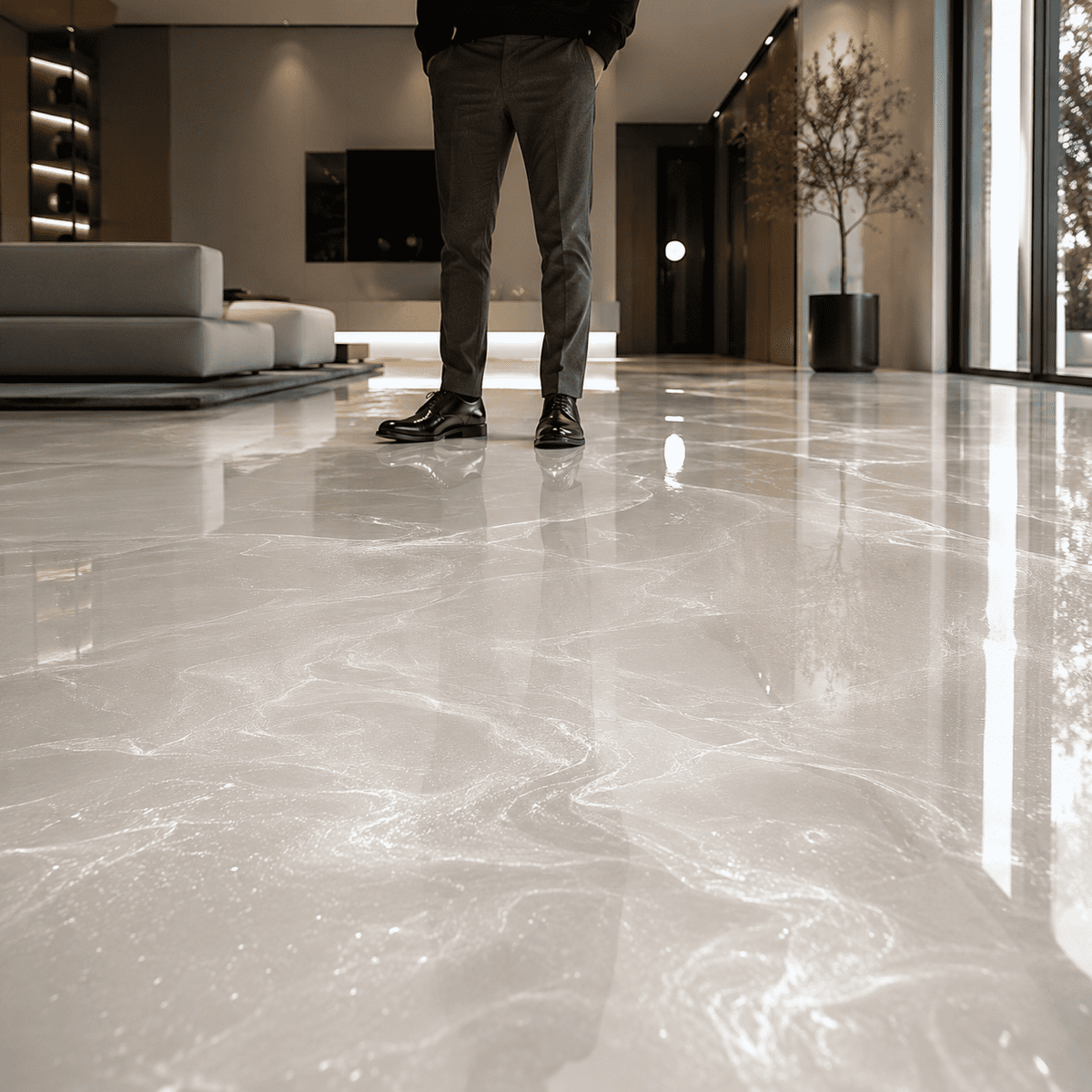 Cocaine-weißer Metallic-Epoxidharz-Boden mit luxuriöser Marmorstruktur, intensivem Perleffekt, hochglänzender Oberfläche und beeindruckender Spiegelreflexion im modernen Innenraum.