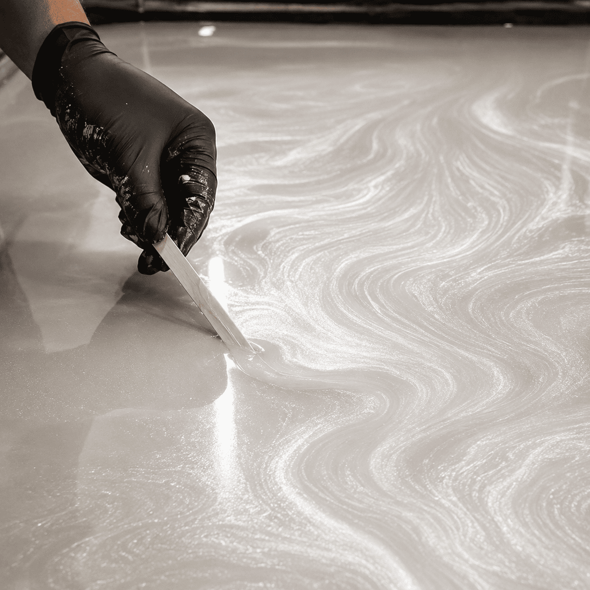 Cocaine-weißes Metallic-Epoxidharz wird mit einem Holzspatel zu einer luxuriösen Marmorstruktur mit intensivem Perleffekt, brillantem Schimmer und faszinierender Tiefenwirkung gestaltet.