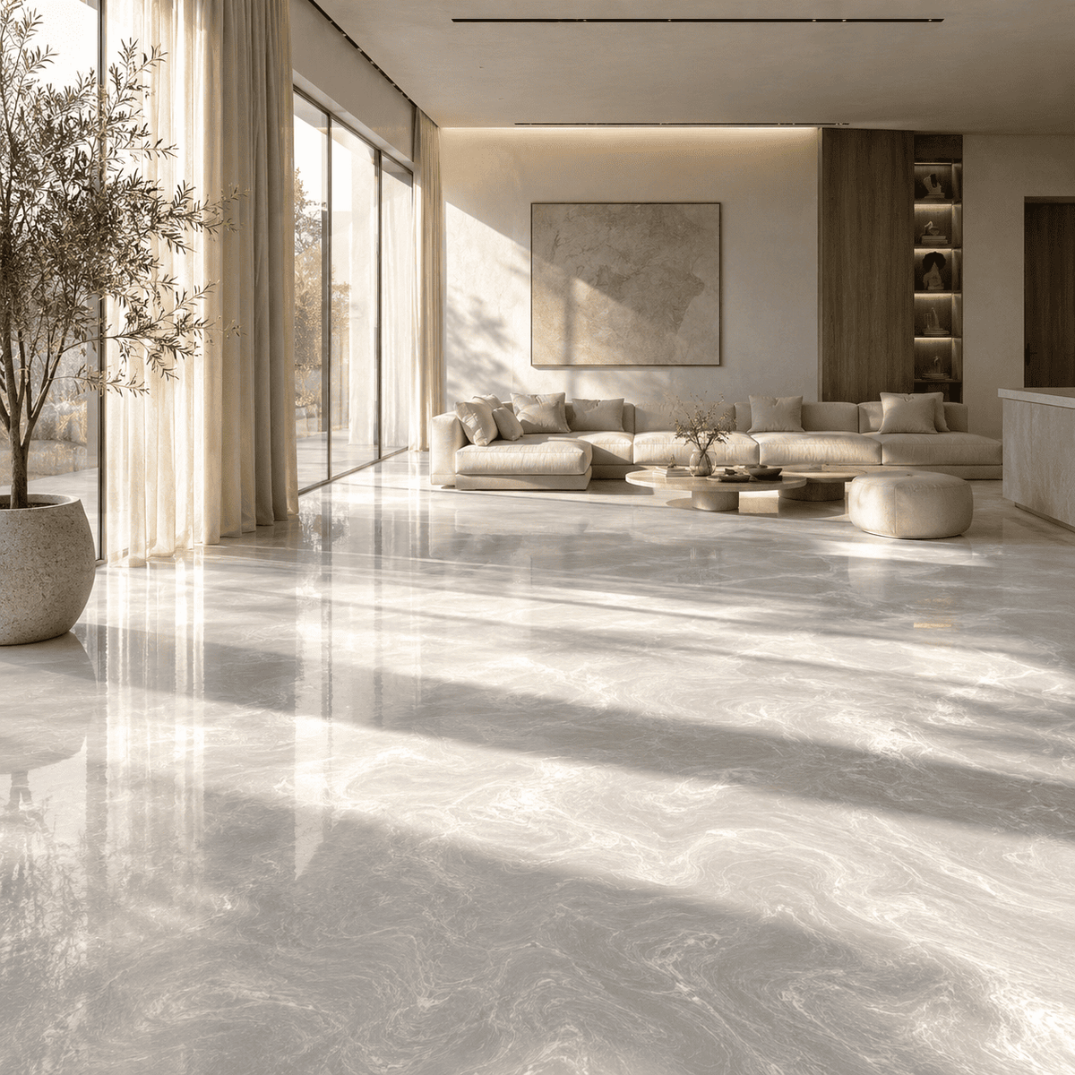 Cocaine-weißer Metallic-Epoxidharz-Boden mit luxuriöser Marmorstruktur, intensivem Perleffekt, hochglänzender Oberfläche und beeindruckender Spiegelreflexion im lichtdurchfluteten modernen Wohnbereich.