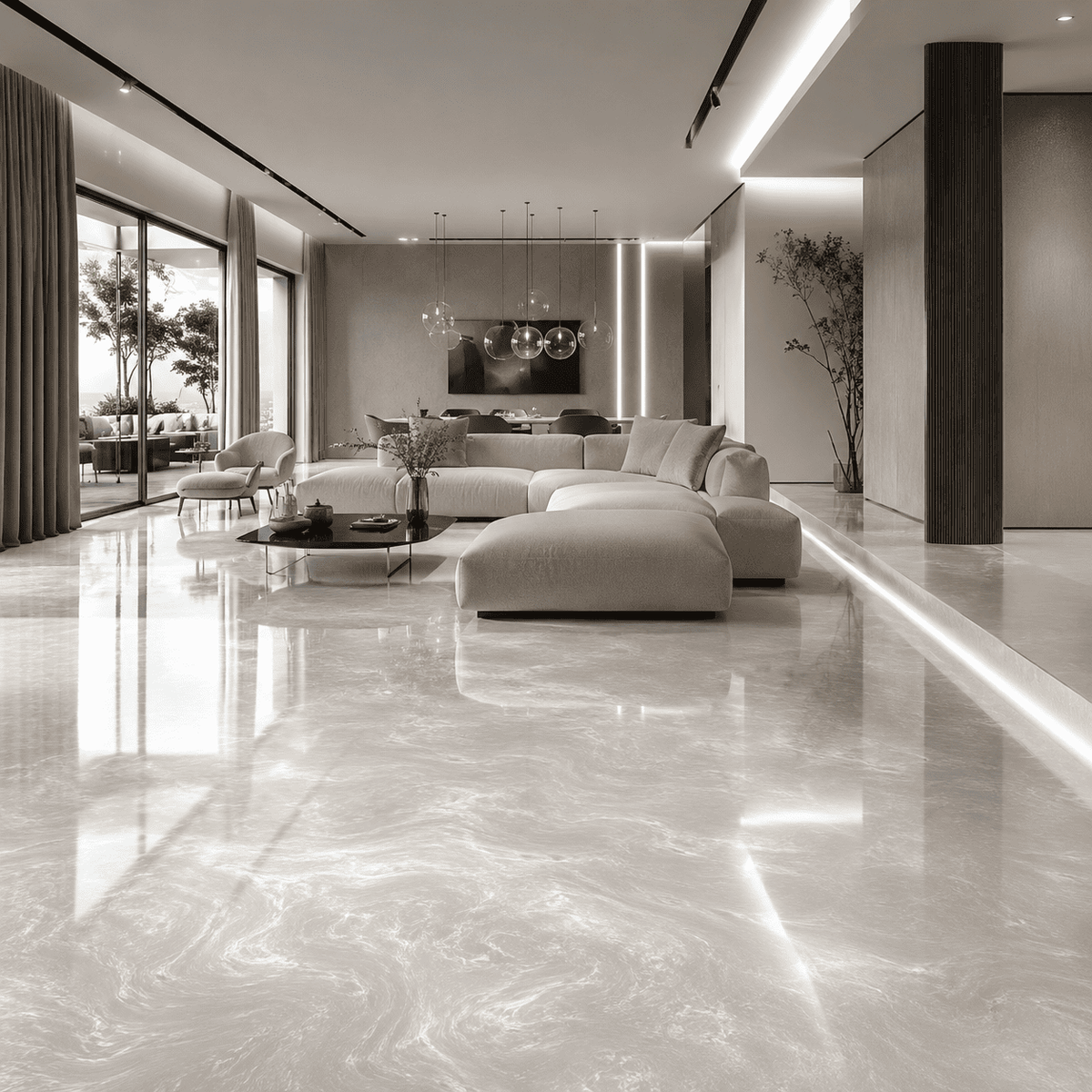 Cocaine-weißer Metallic-Epoxidharz-Boden mit luxuriöser Marmorstruktur, intensivem Perleffekt, hochglänzender Oberfläche und beeindruckender Spiegelreflexion im exklusiven, modernen Wohnbereich.