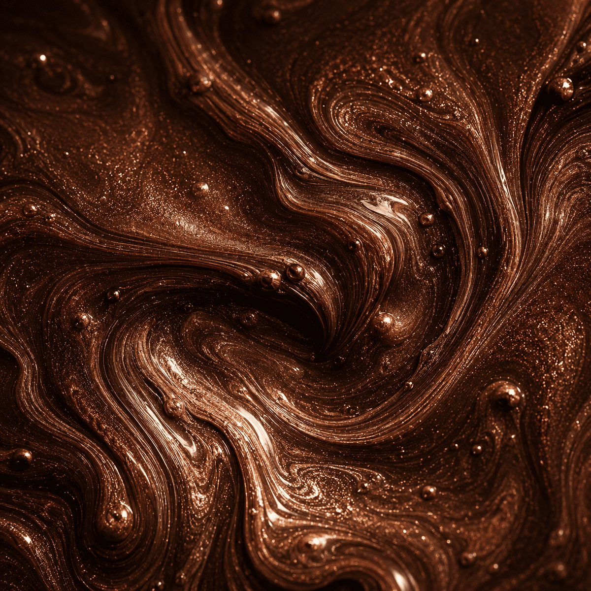 Kupferbraunes Metallic-Epoxidharz mit ausdrucksstarker Marmorstruktur, edlem Metallglanz, feinem Perleffekt und faszinierender Tiefenwirkung.