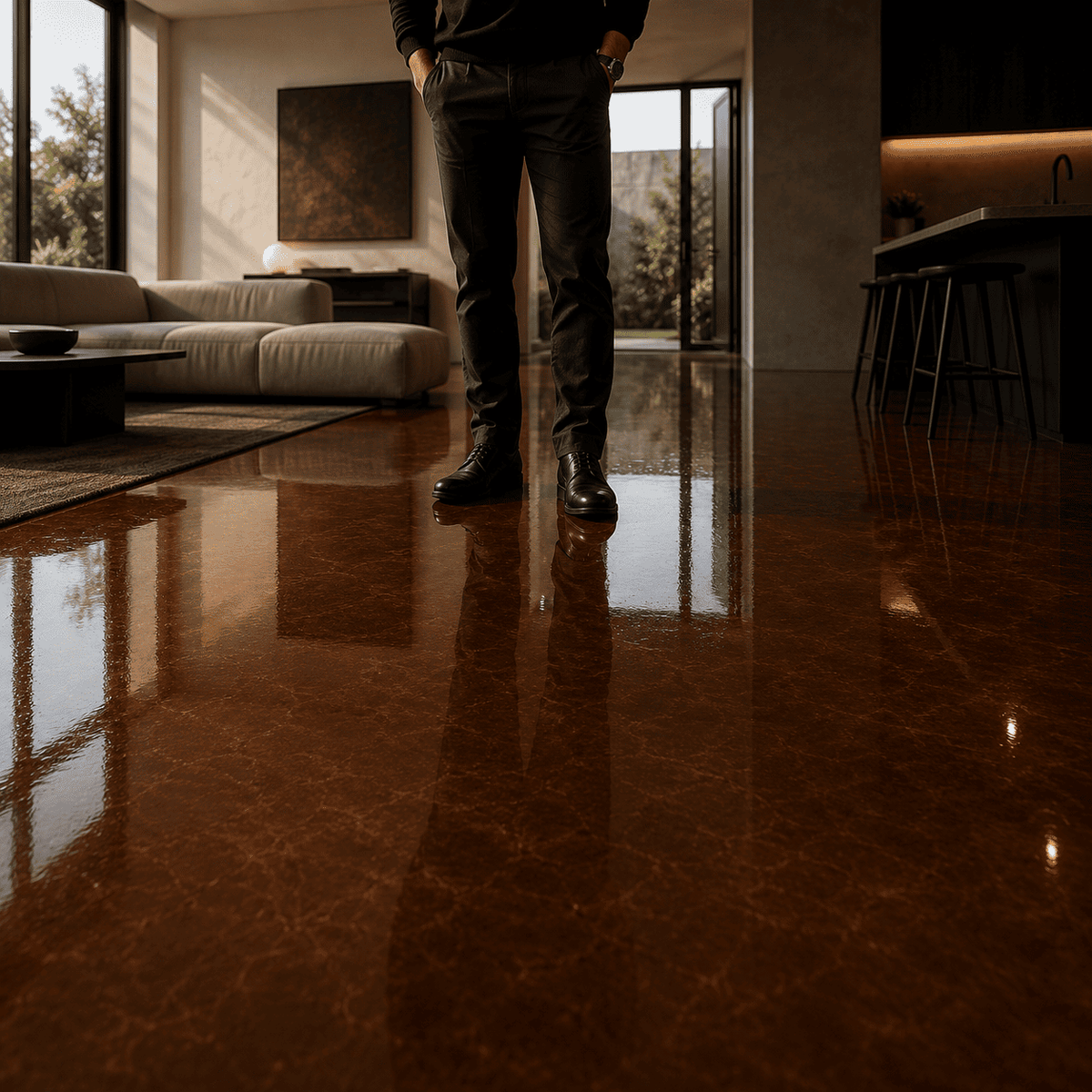 Kupferbrauner Metallic-Epoxidharz-Boden mit edler Marmorstruktur, hochglänzender Oberfläche und klarer Spiegelreflexion im modernen Wohn- und Küchenbereich.