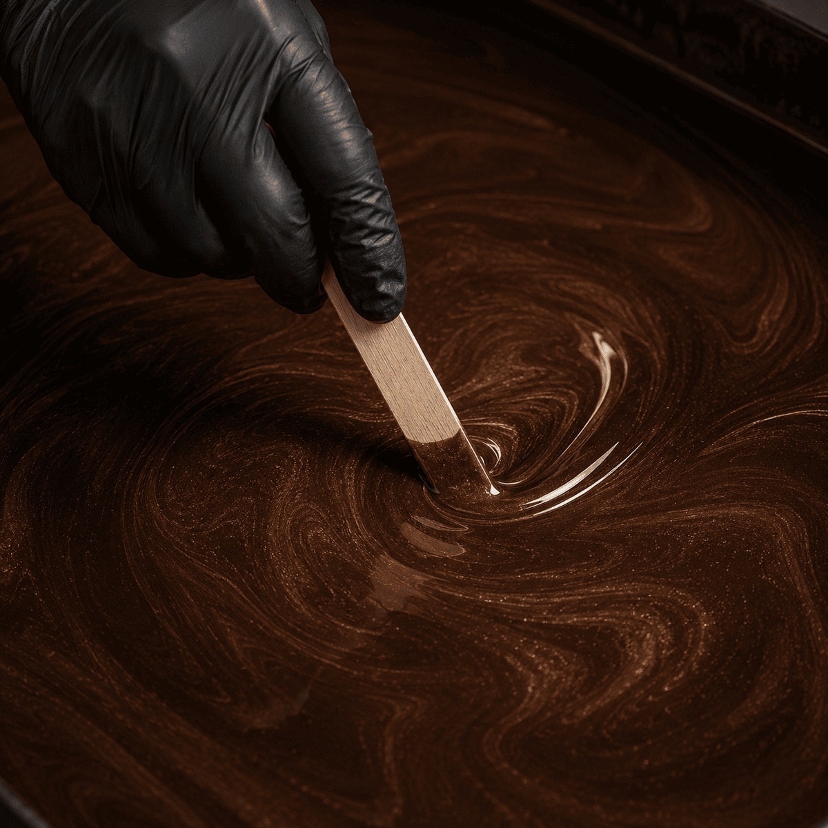 Kupferbraunes Metallic-Epoxidharz wird mit einem Holzspatel zu einer eleganten Marmorstruktur mit warmem Metallglanz und faszinierender Tiefenwirkung gestaltet.