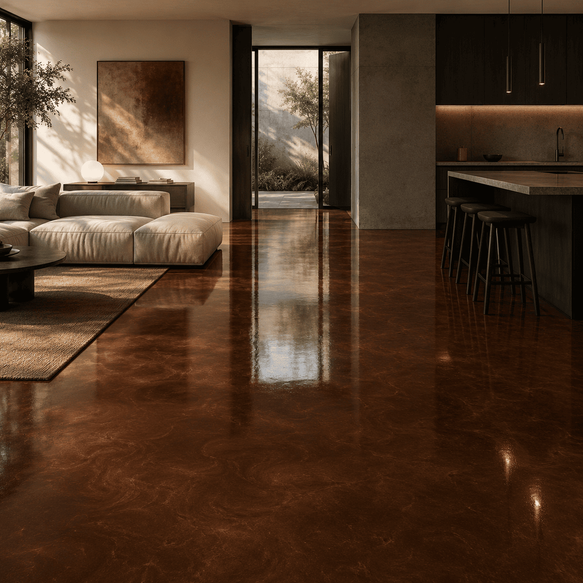 Kupferbrauner Metallic-Epoxidharz-Boden mit warmer Marmorstruktur, edlem Metallglanz, hochglänzender Oberfläche und stilvoller Tiefenwirkung im modernen Wohn- und Küchenbereich.