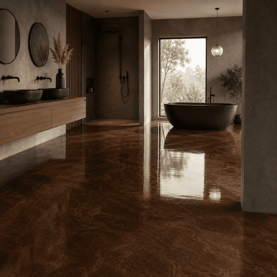 Kupferbraunes Badezimmer mit Dusche