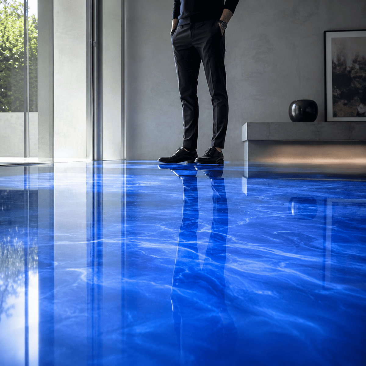 Blauer Metallic-Epoxidharz-Boden mit hochglänzender Oberfläche, feiner Marmorierung und intensiver Spiegelreflexion im modernen Innenraum