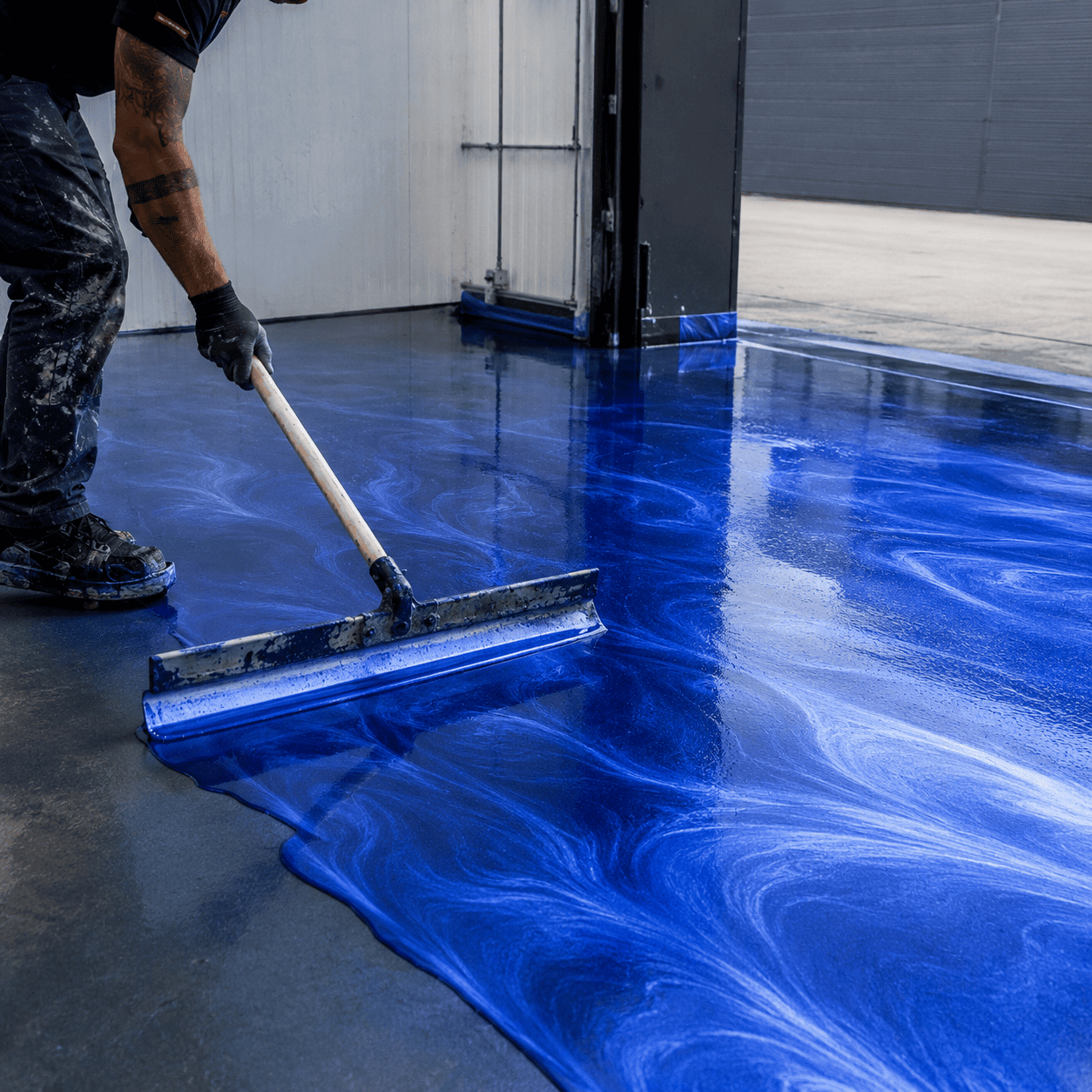 Ein Mann streicht einen Boden in blauer Farbe mit einem Farbroller