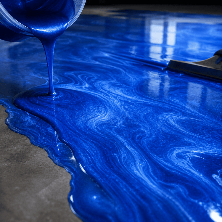 Blau gefärbtes Harz wird aus einem Eimer auf den Boden gegossen